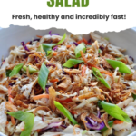 A large, bright bowl of Chinese Chicken Salad featuring shredded chicken and vibrant coleslaw mix, with a dark, glossy sesame-hoisin dressing being poured over the top.