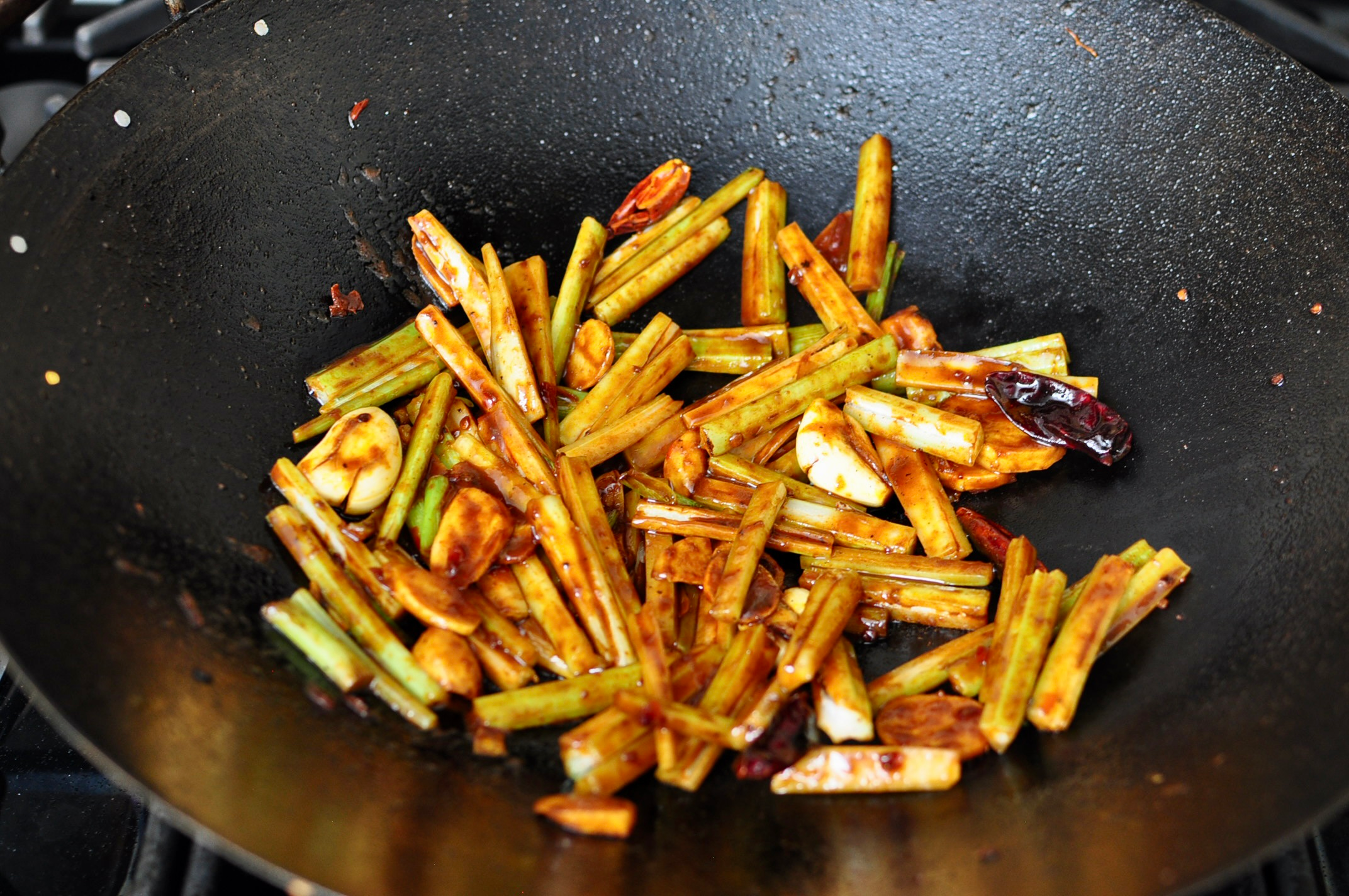 Celery in wok for Water Boiled Fish