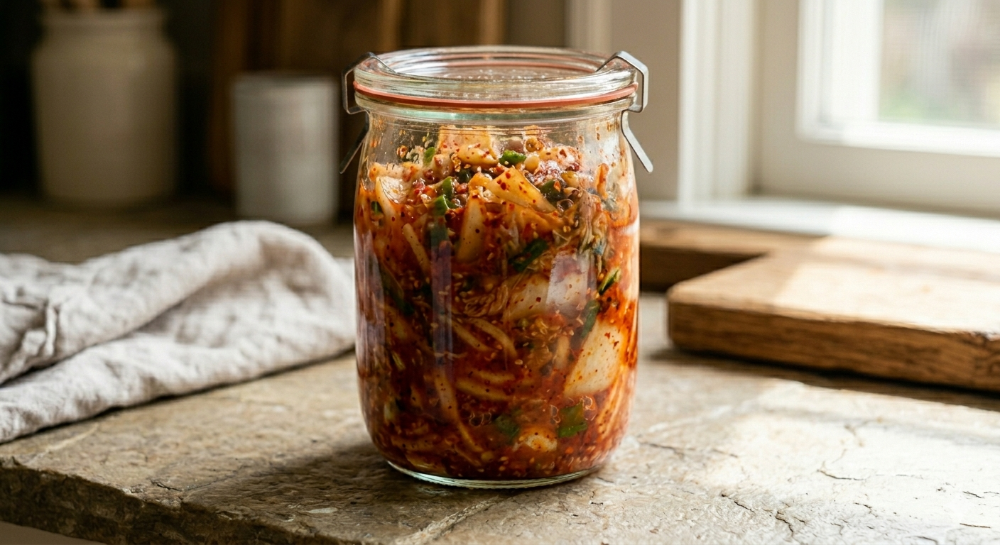 Kimchi in a glass jar