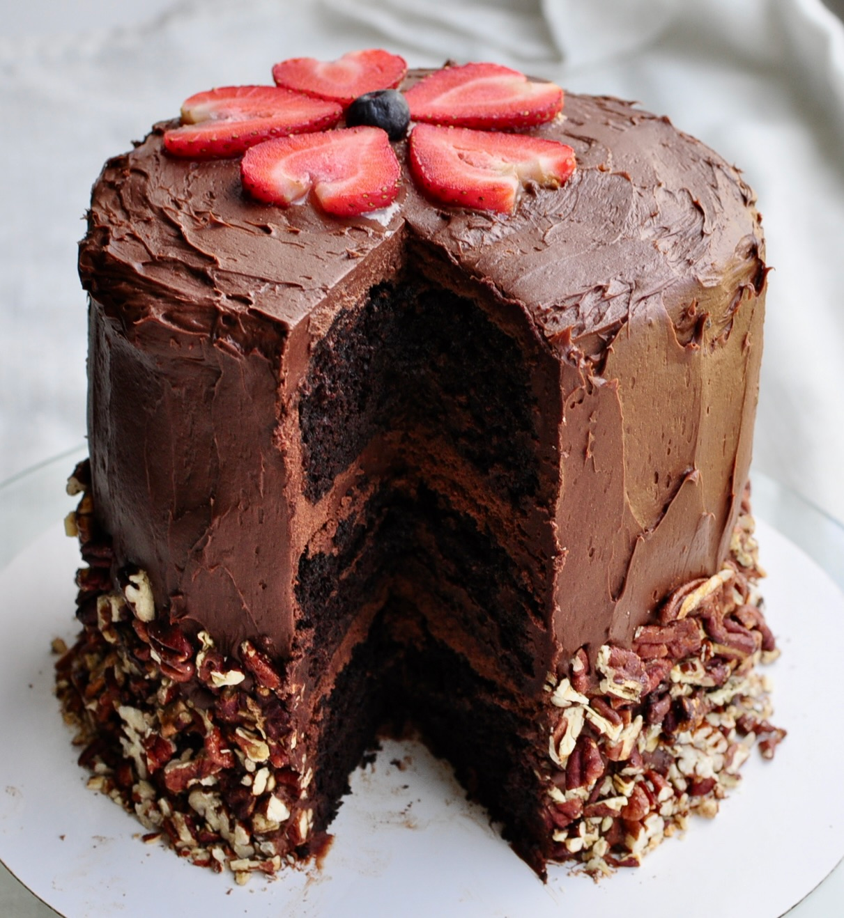 homemade chocolate layer cake with light chocolate frosting