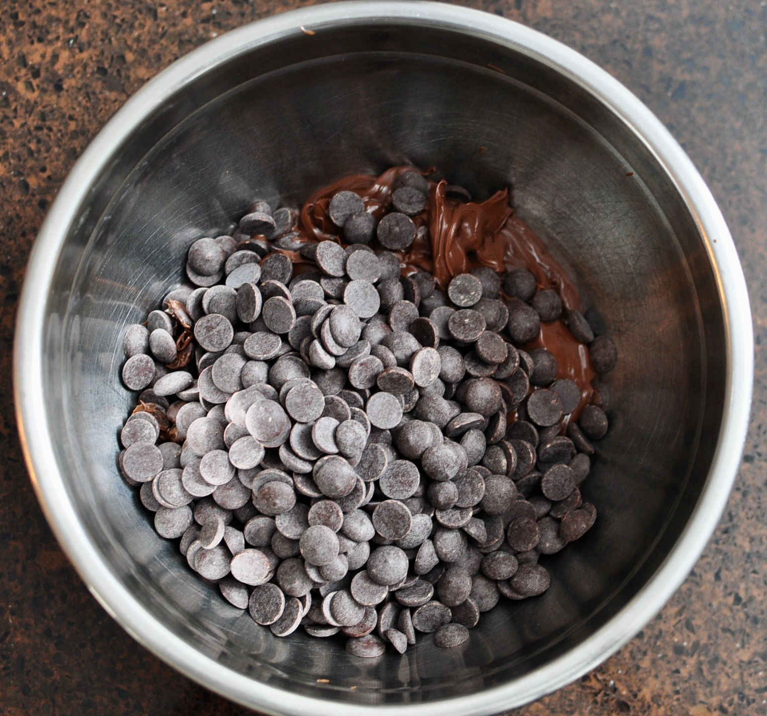 Nutella and chocolate callets in a bowl.