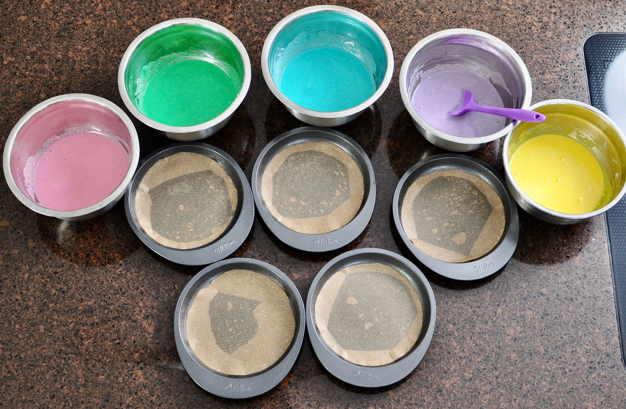 Rainbow layer cake greased pans