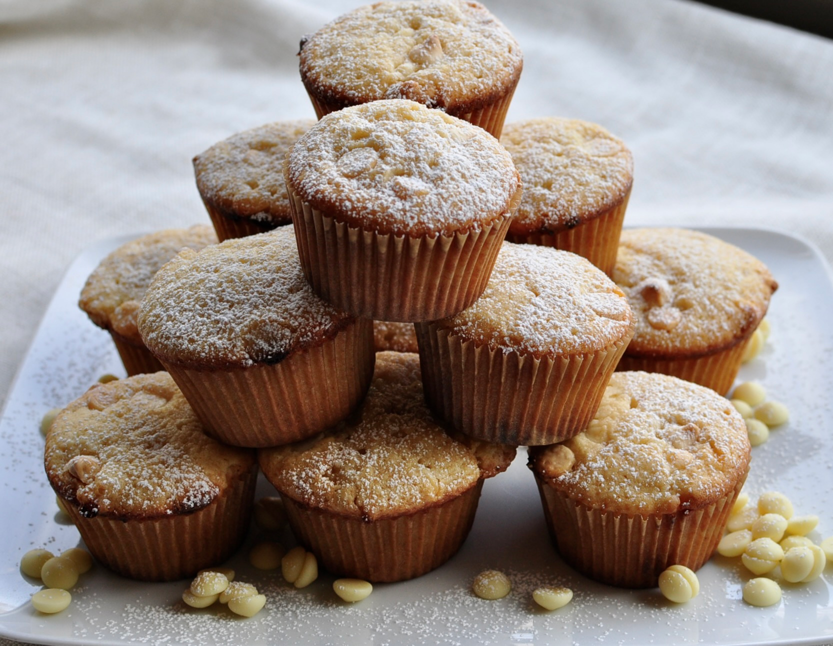 vanilla chip malted muffins stacked