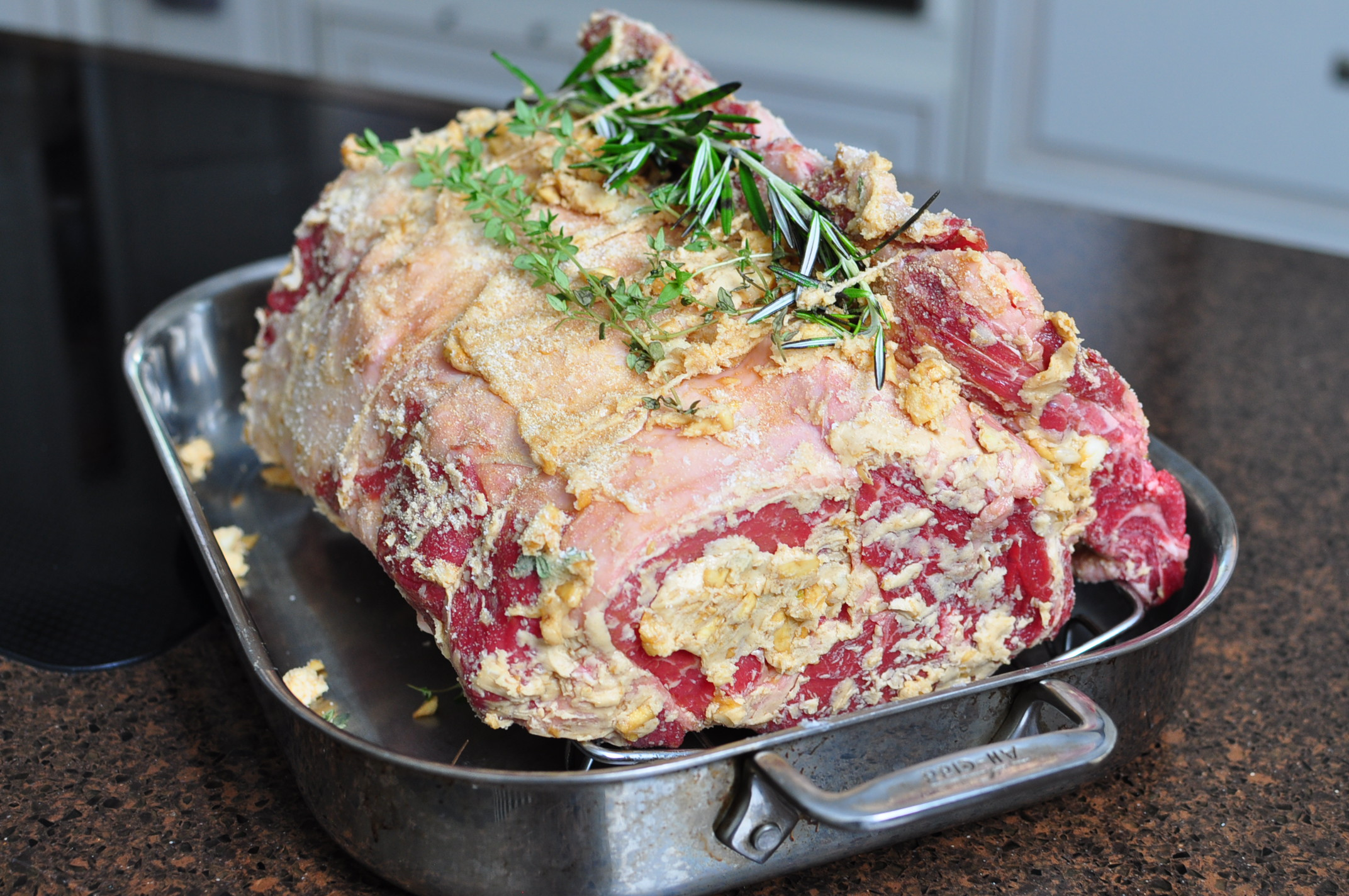 Boned prime rib with bones repositioned 