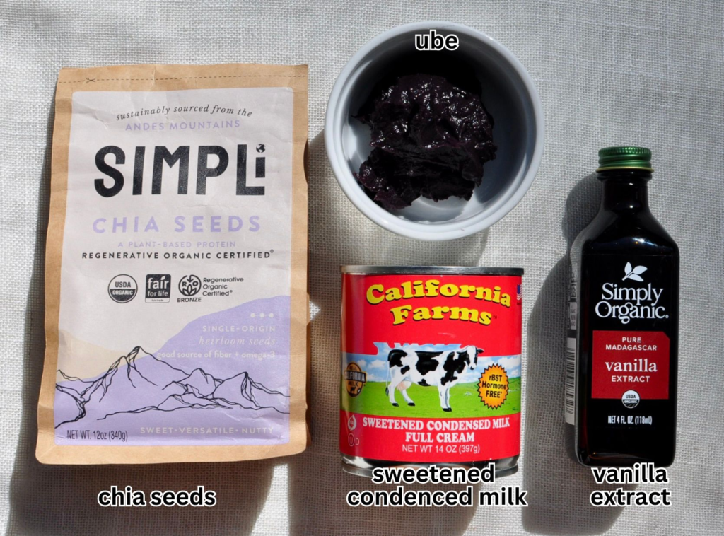 Ingredients for UBE Chia Seed Pudding