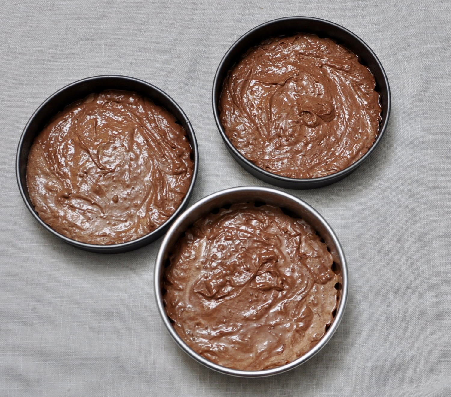 Chocolate Cake Batter in Cake Pans for Chocolate Cake