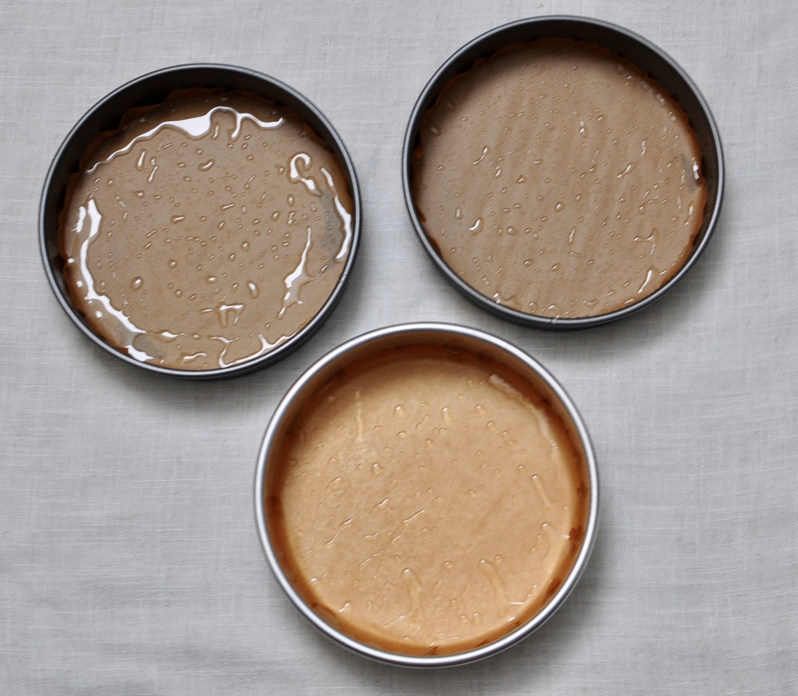 Greased and Parchment Lined Cake Pans for Chocolate Ganache Cake