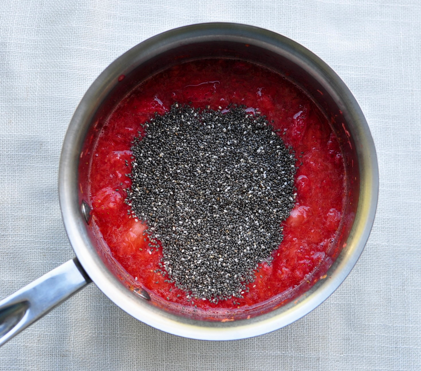 Add Chia Seeds to Cooked Mashed Strawberries to thicken